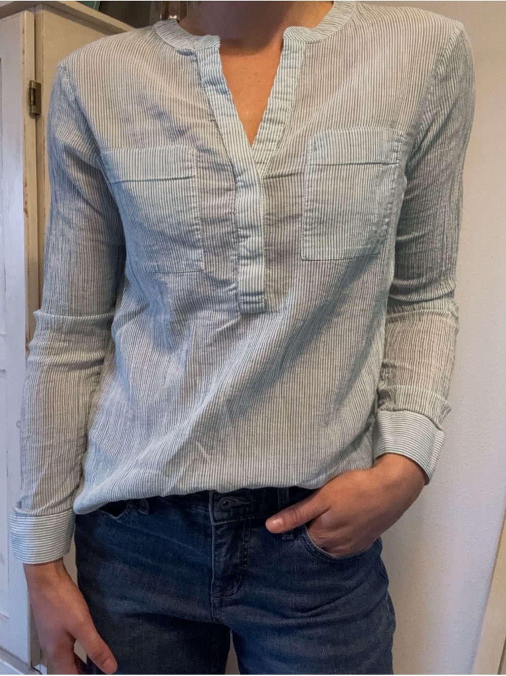 Ann Taylor Gauzy Green & White Stripe Button Down Shirt